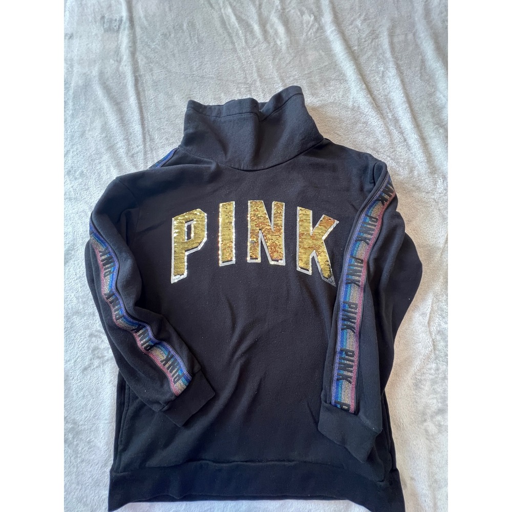 PINK Pullover Sweatshirt Women XS Black Gold Sequin Logo Rainbow Logo Tape Tape